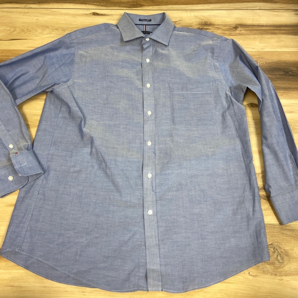 Tommy Hilfiger Dress Shirt L Regular Fit Stretch Wrinkle Free Blue Cotton Blend
